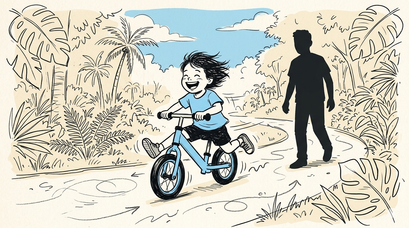 Child gliding on a balance bike with a parent alongside