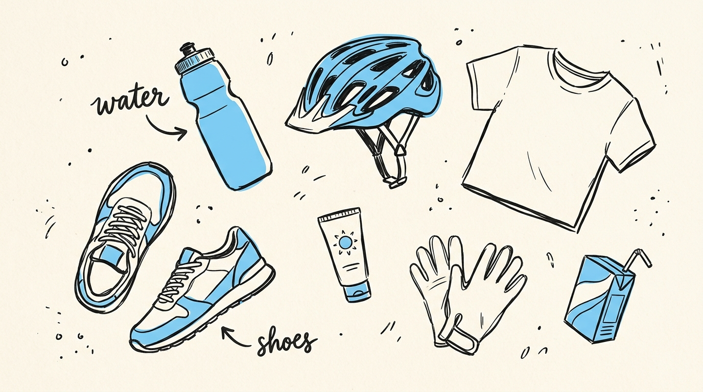Flat lay of cycling lesson essentials — water bottle, helmet, shoes